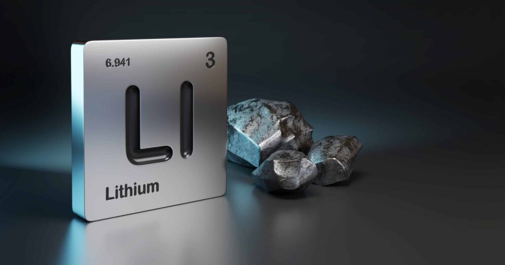 Lithium chemical symbol beside pieces of lithium