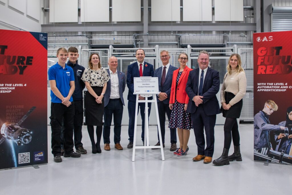 Speakers and apprentices at OAS launch event (left to right) Jakub Strzelcyk, Laurie Husband, Emma Johnstone, David Grailey, Professor Sir Ian Chapman, Stuart Martin, Heather Clarke, David Martin, Anisha Roberts