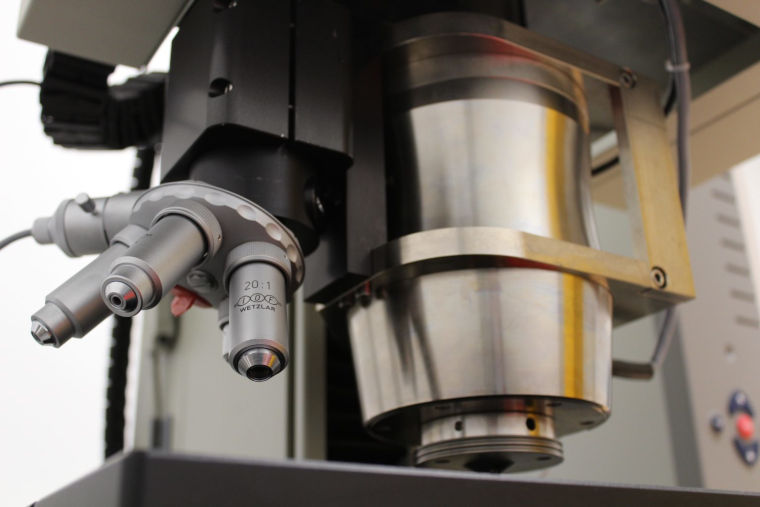 Close up of the instrumented indentation test equipment.