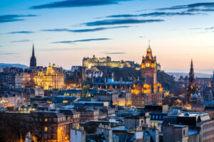 A view of Edinburgh at sunset.