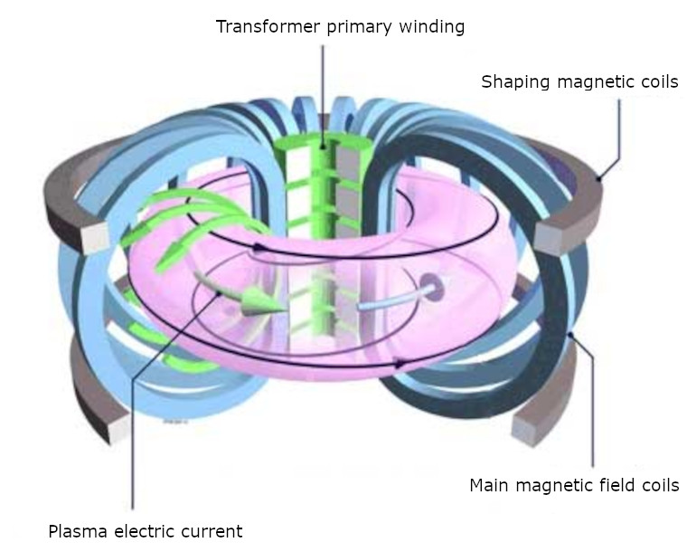 A magnetic fusion machine diagram showing transformer primary winding, shaping magnetic coils, main magnetic coils, and plasma electric current.
