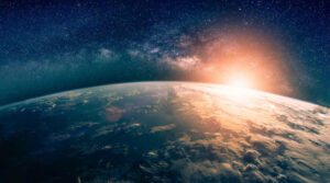 A view from space of sunrise over the earth.