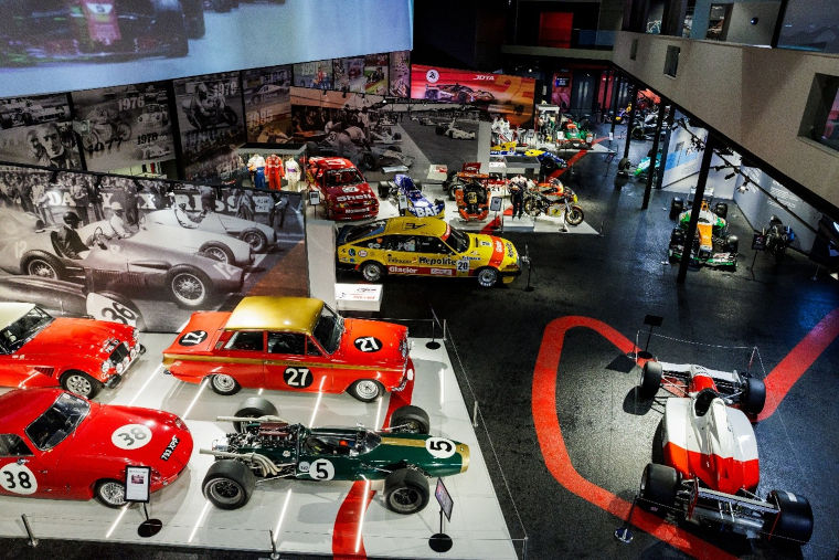 Racing cars in a display at the Silverstone museum.