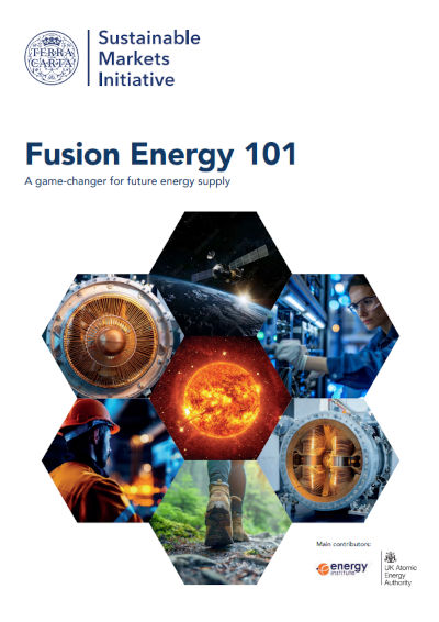 The Sustainable Markets Initiative Fusion Energy 101 guide cover. A game changer for future energy supply. Main contributors: energy institute and UK Atomic Energy Authority.