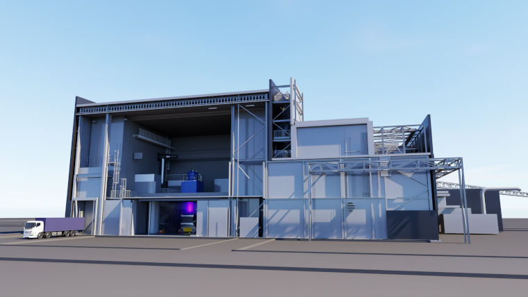 A computer generated image of an industrial building.