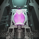 An illustration of the STEP fusion machine with pink plasma in action.