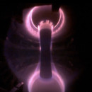 A pink glow of plasma during a fusion energy experiment at the UK Atomic Energy Authority.