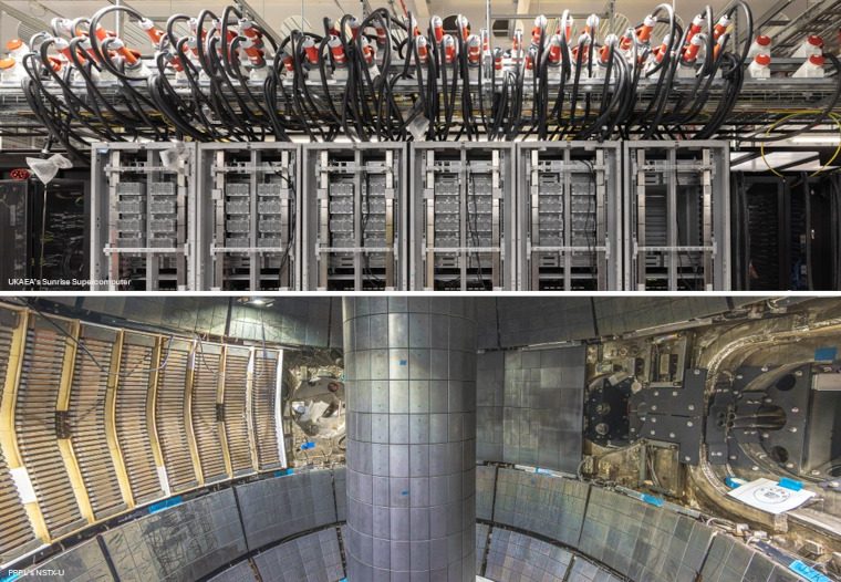 At the top, the UKAEA sunrise computer servers in a rack with tubes feeding coolant. At the bottom the PPPLS NSTXU fusion machine.