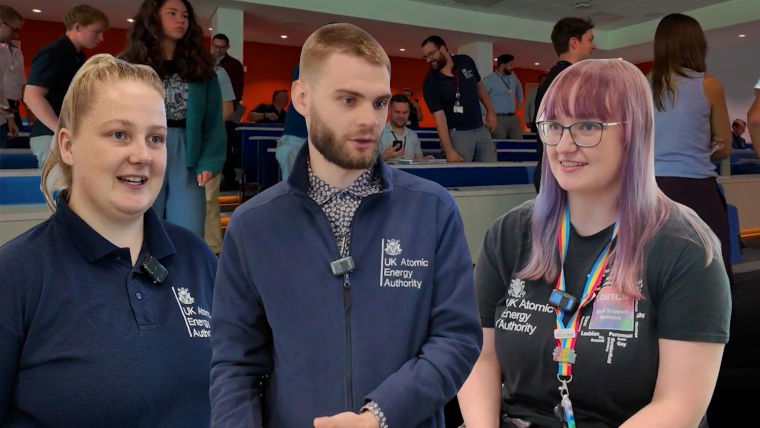 Trudi Cooke, Will Hall, Charlotte Wilkes - wearing UK Atomic Energy Authority shirts talking about their experiences as grauduating apprentices.