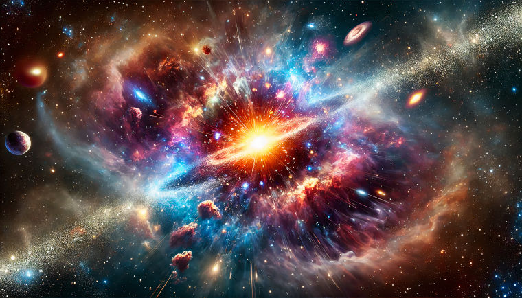 An illustration of the big bang with a star-like explosion at the centre with planets and stars radiating from it.